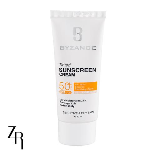 کرم ضد آفتاب رنگی بیزانس با SPF50 مناسب پوست های حساس و خشک